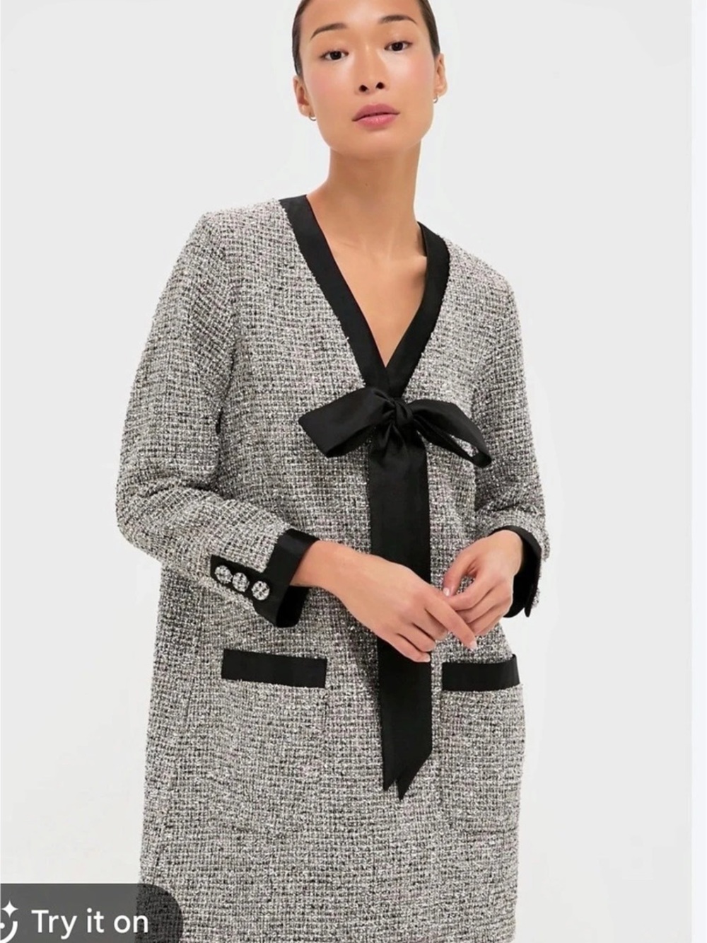 Tuckernuck Pomander Place Tweed Bow Mini Dress in Gray & Black Size Medium.